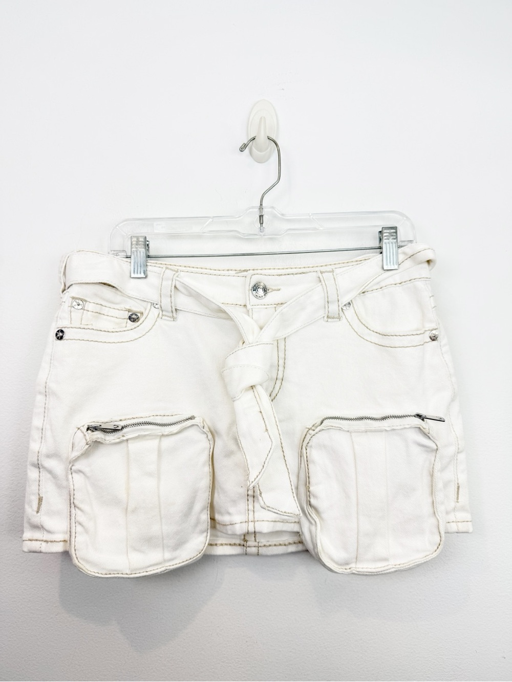 True Religion Sadie Belted Denim Cargo Mini Skirt Size 27